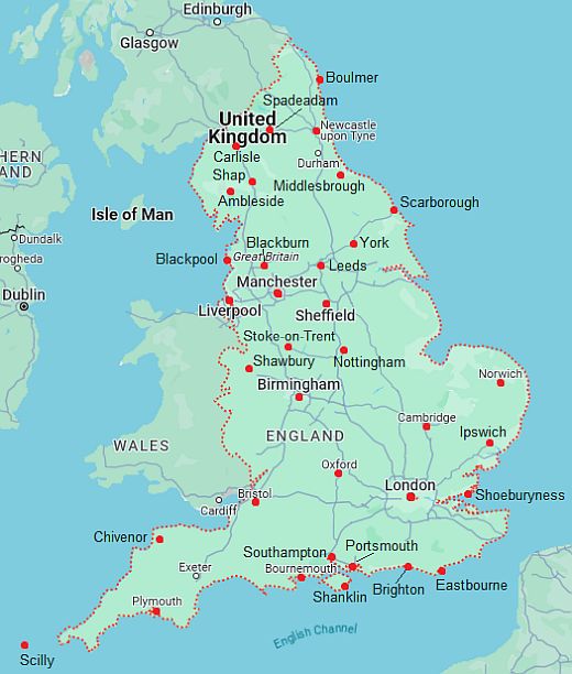 Carte avec les villes - Angleterre