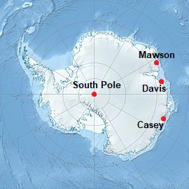 Stations antarctiques australiennes (Mawson, Davis et Casey), où elles se trouvent