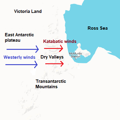 Vallées sèches McMurdo, carte avec explication
