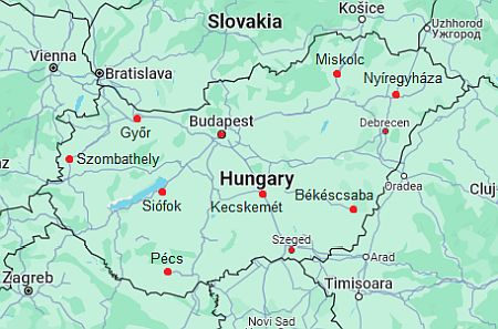 Carte avec les villes - Hongrie