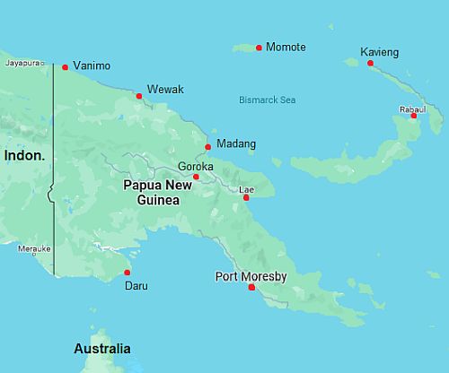 Carte avec les villes - Papouasie Nouvelle Guinee